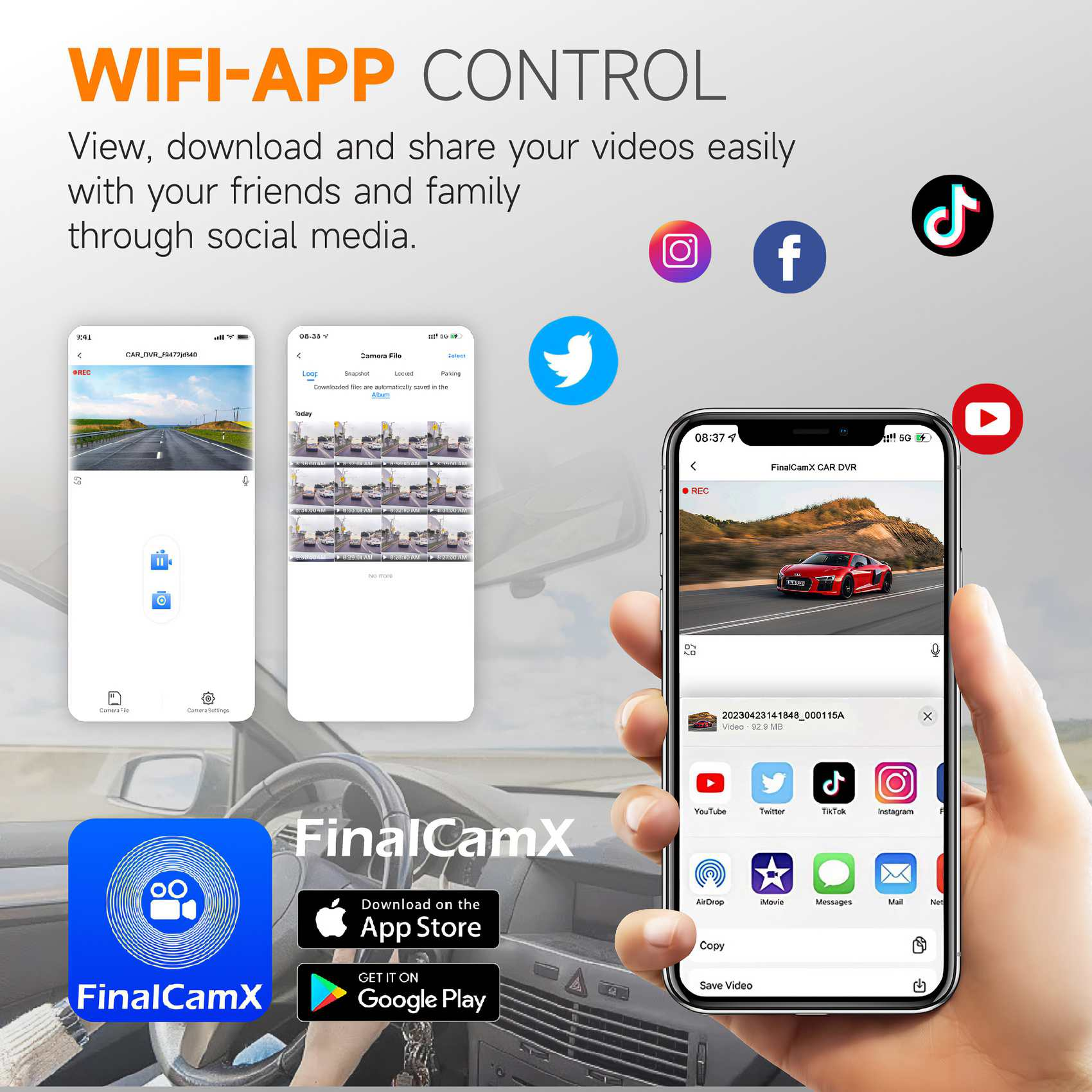 Das Bild zeigt ein Telefon, das eine Benutzeroberfläche einer Auto-Video-App mit Social-Media-Symbolen und einem Auto-Innenraum anzeigt.