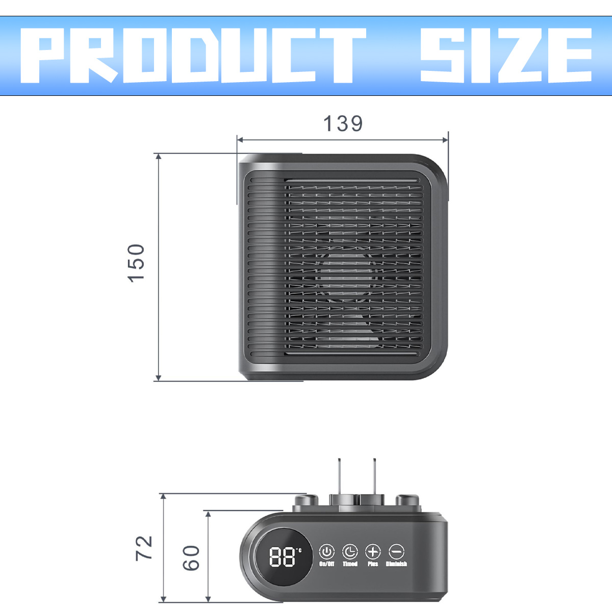 Ein Produktdiagramm, das einen grauen Heizlüfter mit Abmessungen zeigt. Oben sind 139 mm und 150 mm angegeben. Unten sind 60 mm und 72 mm angegeben.