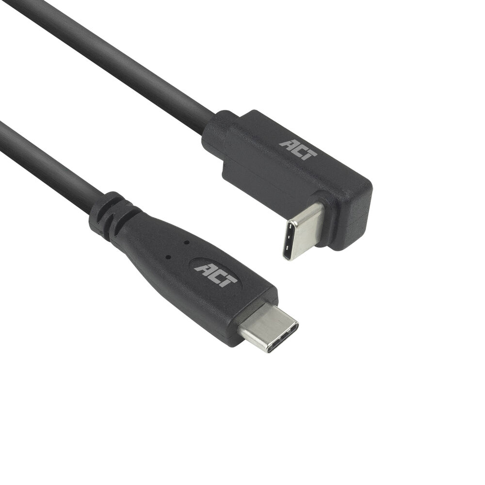 Câble USB-C noir avec logo 'ACT' sur les connecteurs. Un connecteur est en forme de L. Fond blanc.