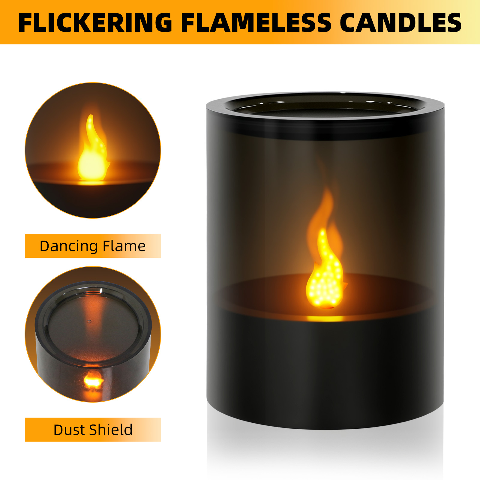 Das Bild zeigt eine flammenlose Kerze mit einem Flammeneffekt. Die Kerze ist schwarz mit einem transparenten Deckel. Die Flamme ist gelb.