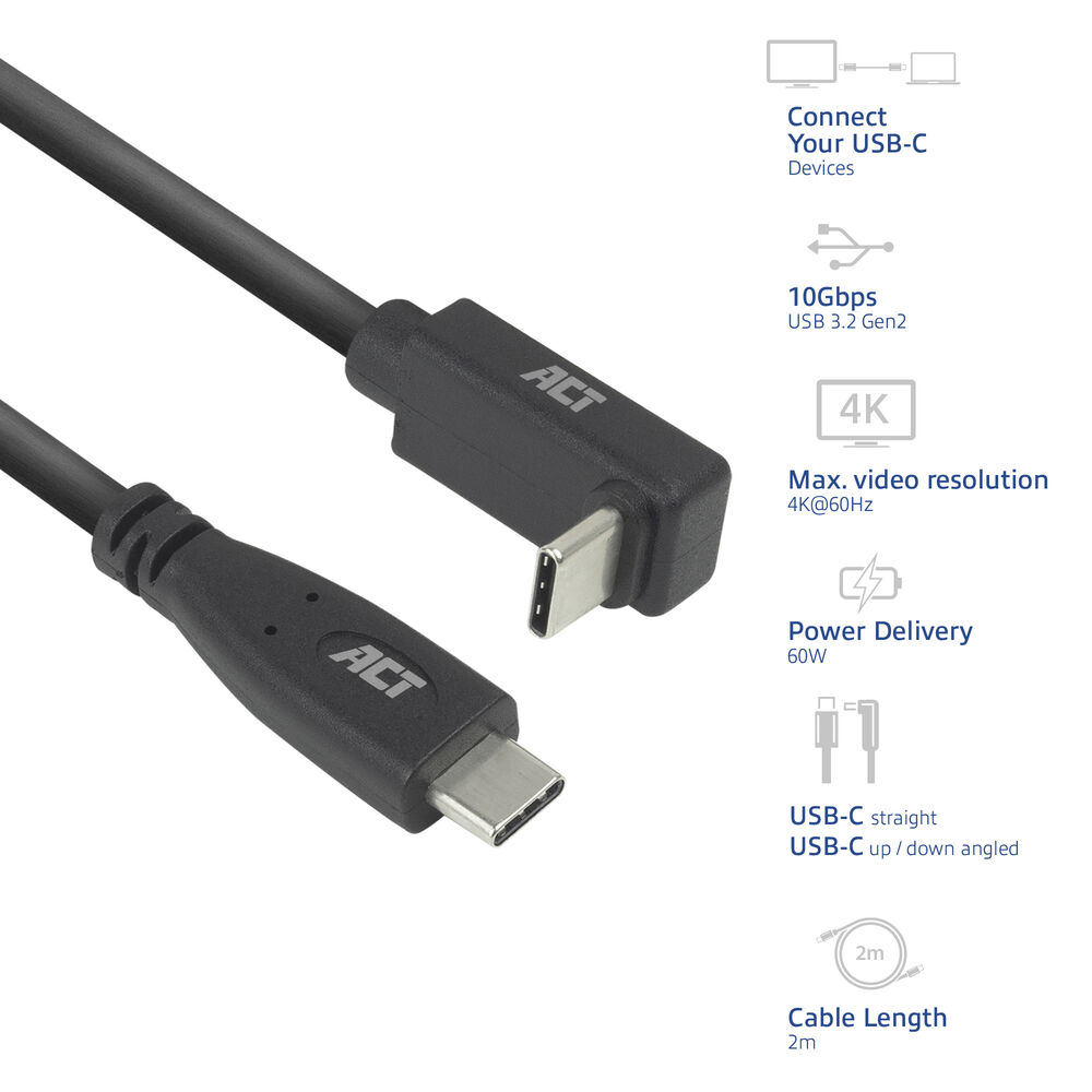 Zwarte USB-C-kabel met ACT-logo. Kenmerken: 10 Gbps, 4K-resolutie en 60W stroomvoorziening. Kabellengte is 2m.