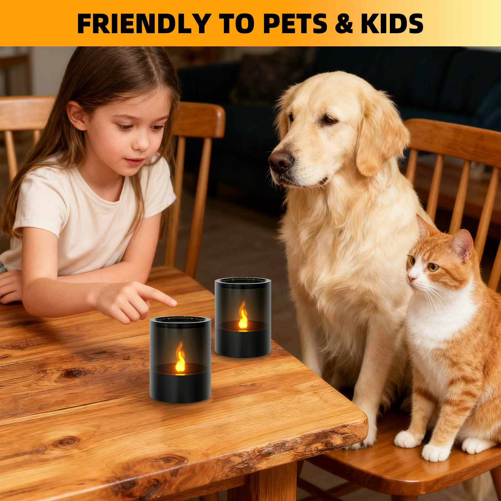 Ein Mädchen zeigt auf eine Kerze auf einem Tisch. Ein Hund und eine Katze sitzen in der Nähe. Die Szene ist hell beleuchtet.