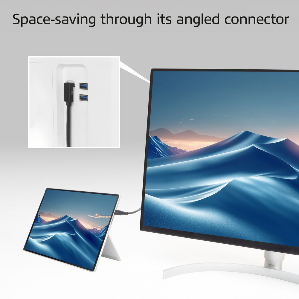 Un moniteur et une tablette affichent un paysage. Le moniteur est connecté par un câble. Un gros plan montre des connecteurs coudés.