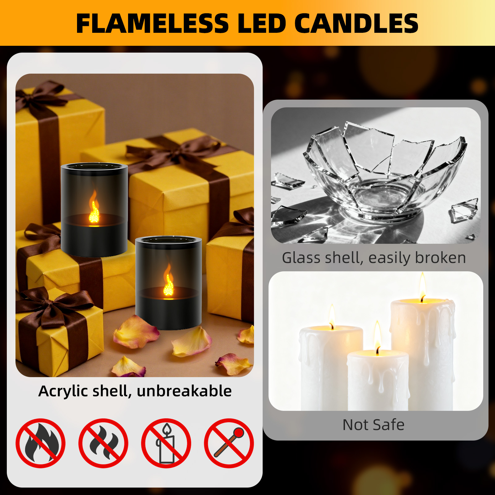 Das Bild zeigt flammenlose LED-Kerzen. Es gibt drei Abschnitte: Acrylkerzen, zerbrochenes Glas und echte Kerzen.