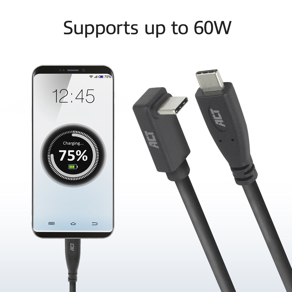 Un téléphone se chargeant à 75% avec un câble. Le câble et le téléphone ont le logo ACT. Le texte dit : Prend en charge jusqu'à 60W.
