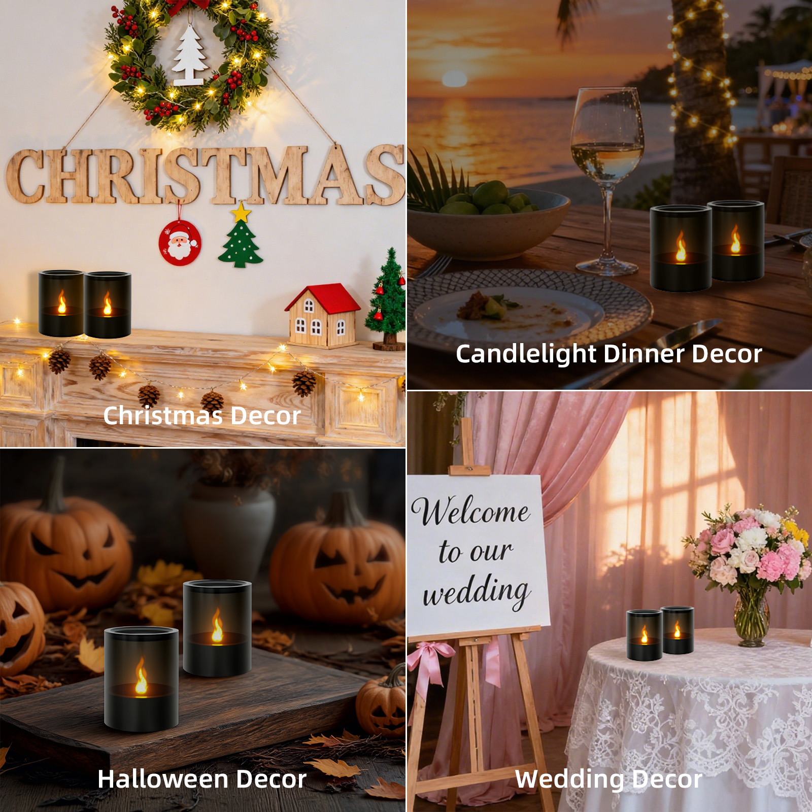 Das Bild zeigt Weihnachtsdeko, Candlelight-Dinner, Halloween und Hochzeitsdeko mit Kerzen und Kontextelementen.