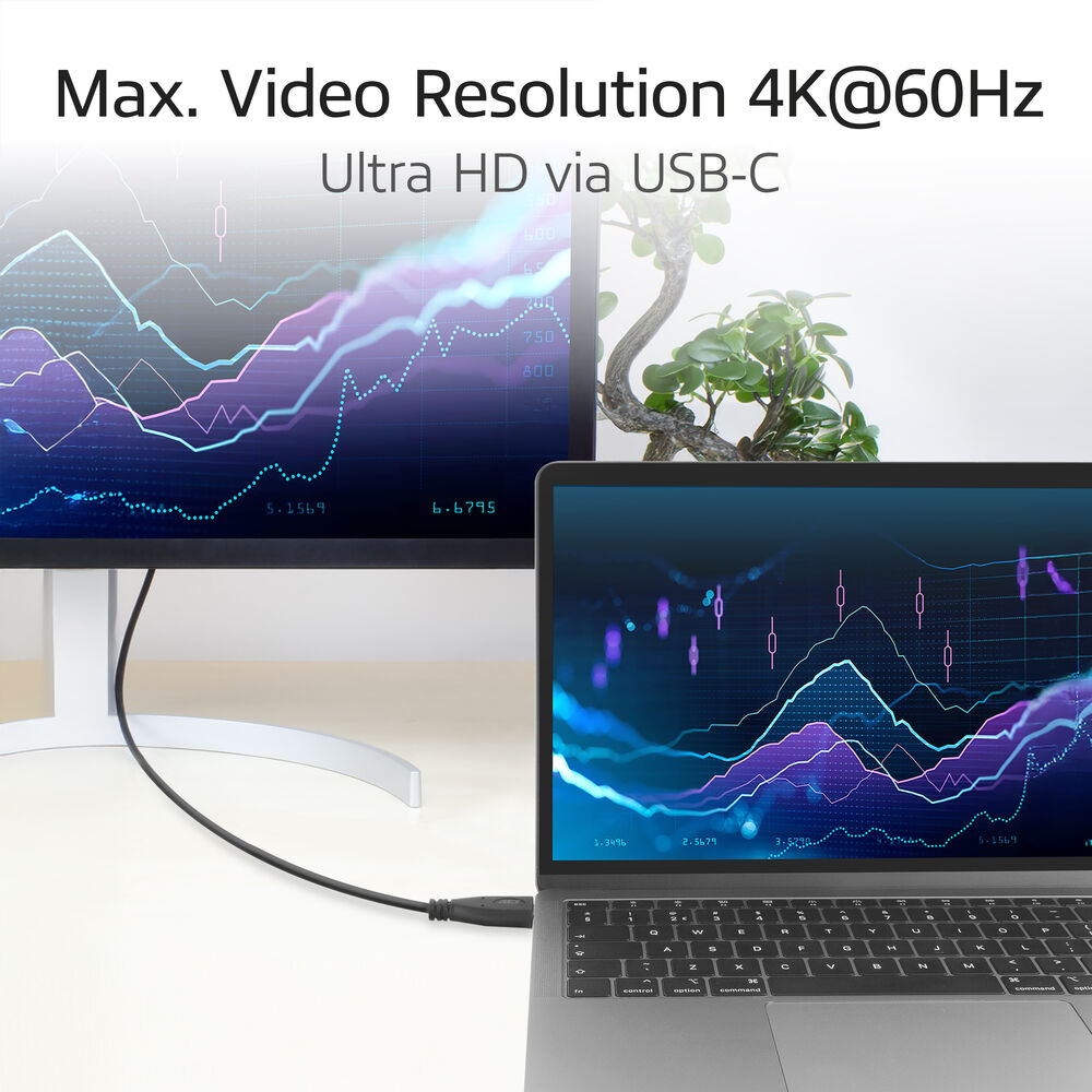 Un ordinateur portable et un moniteur affichent des graphiques de données. Une petite plante est entre eux. L'ordinateur portable est connecté via USB-C.