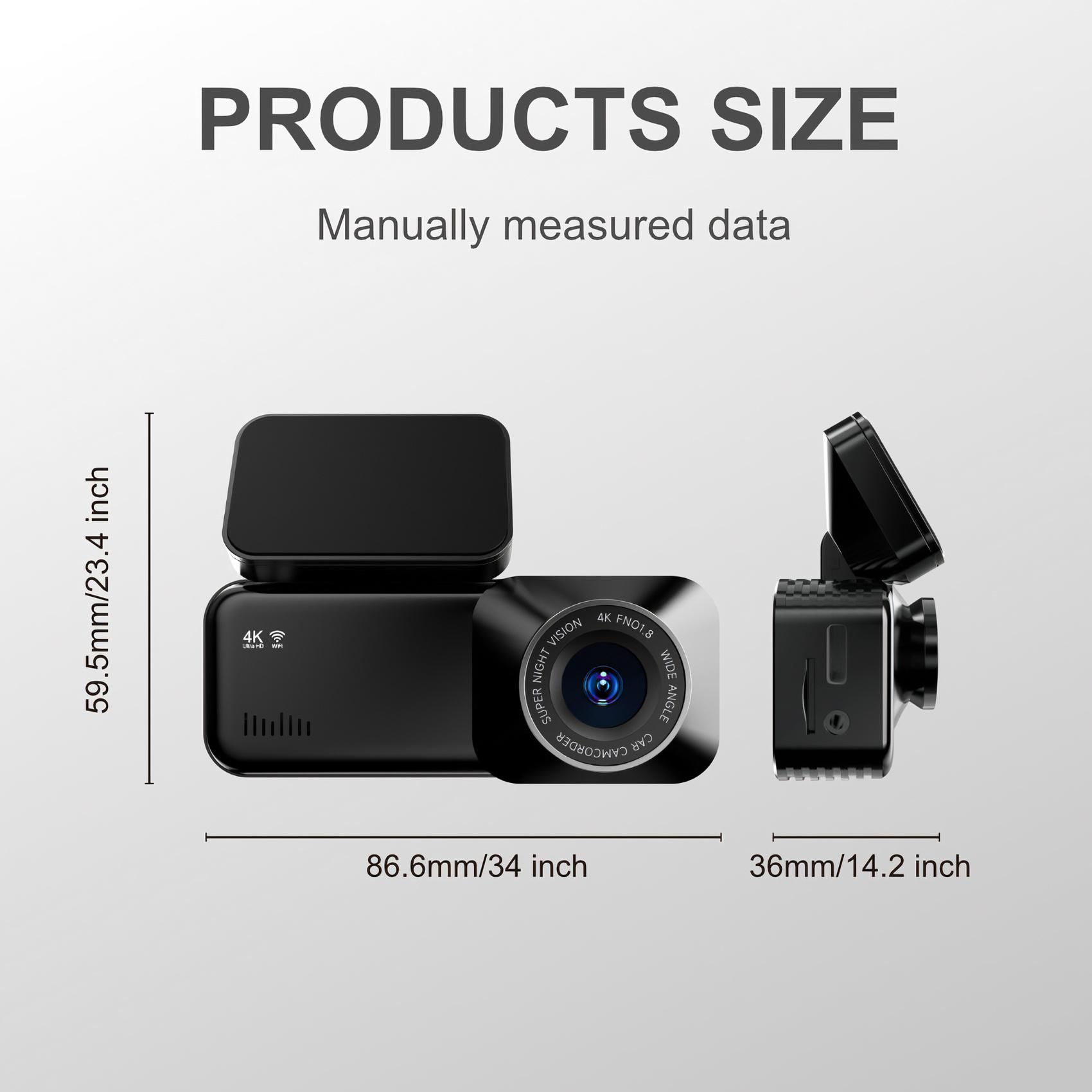 Das Bild zeigt die Produktgröße mit drei Armaturenbrettkameras. Abmessungen sind in mm und Zoll angegeben. Text enthält '4K' und 'Nachtsicht'.