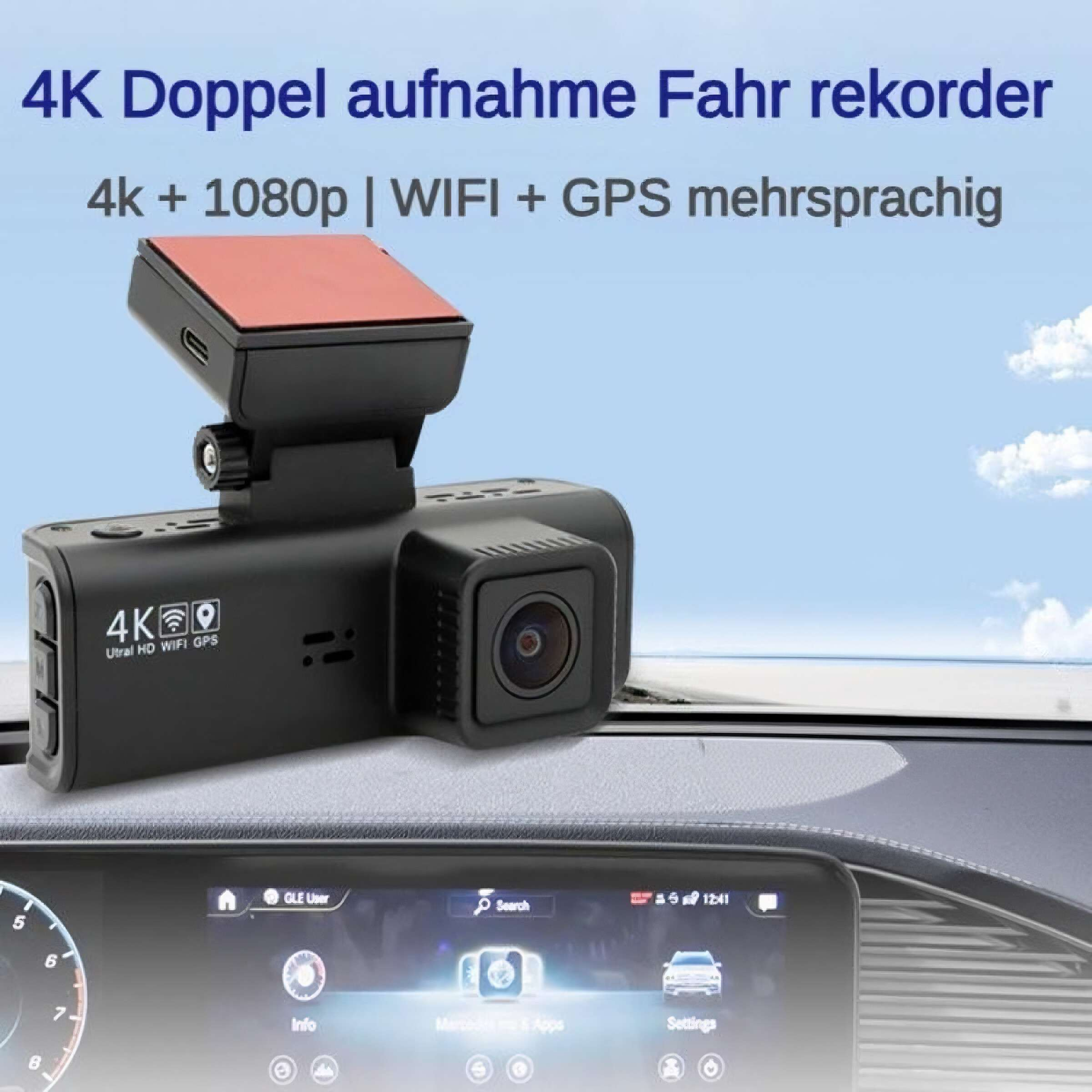 Ein Armaturenbrett mit einer Dashcam. Text: '4K Doppel aufnahme Fahr rekorder'.