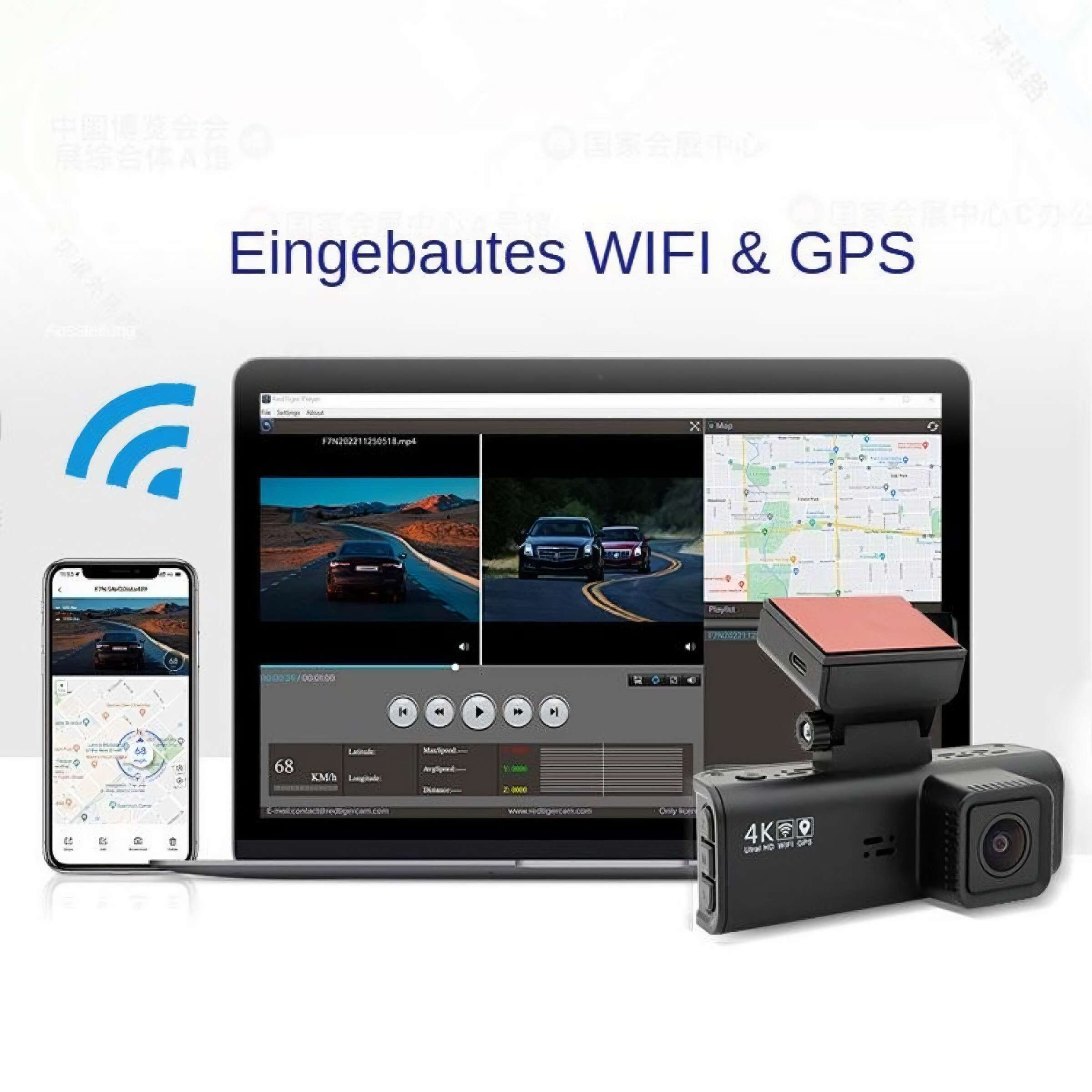 Das Bild zeigt eine Dashcam mit Smartphone, Laptop-Bildschirm und WLAN-Symbol. Es zeigt Straßenaufnahmen und GPS-Daten.