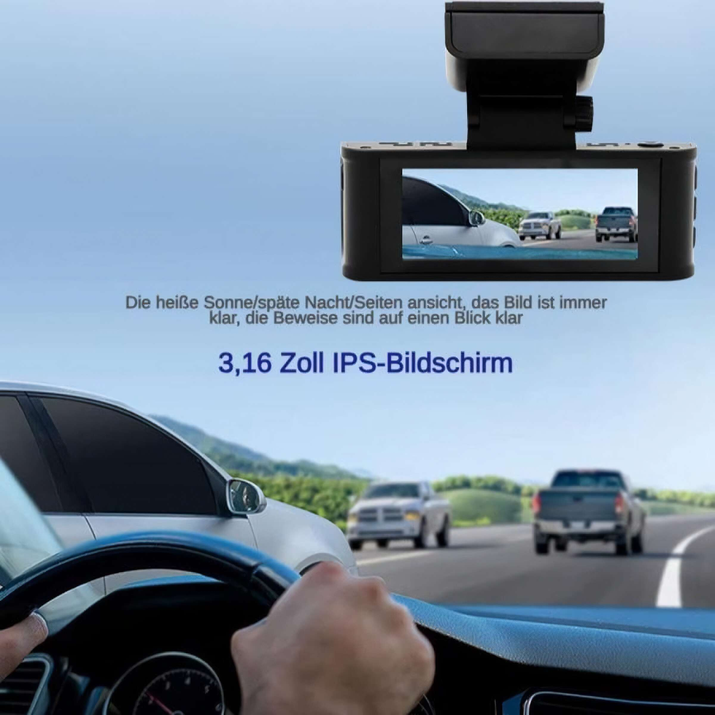 Auto-Armaturenbrett-Kamera, die die Straßenansicht zeigt. Andere Autos auf der Straße. Hände einer Person am Lenkrad.