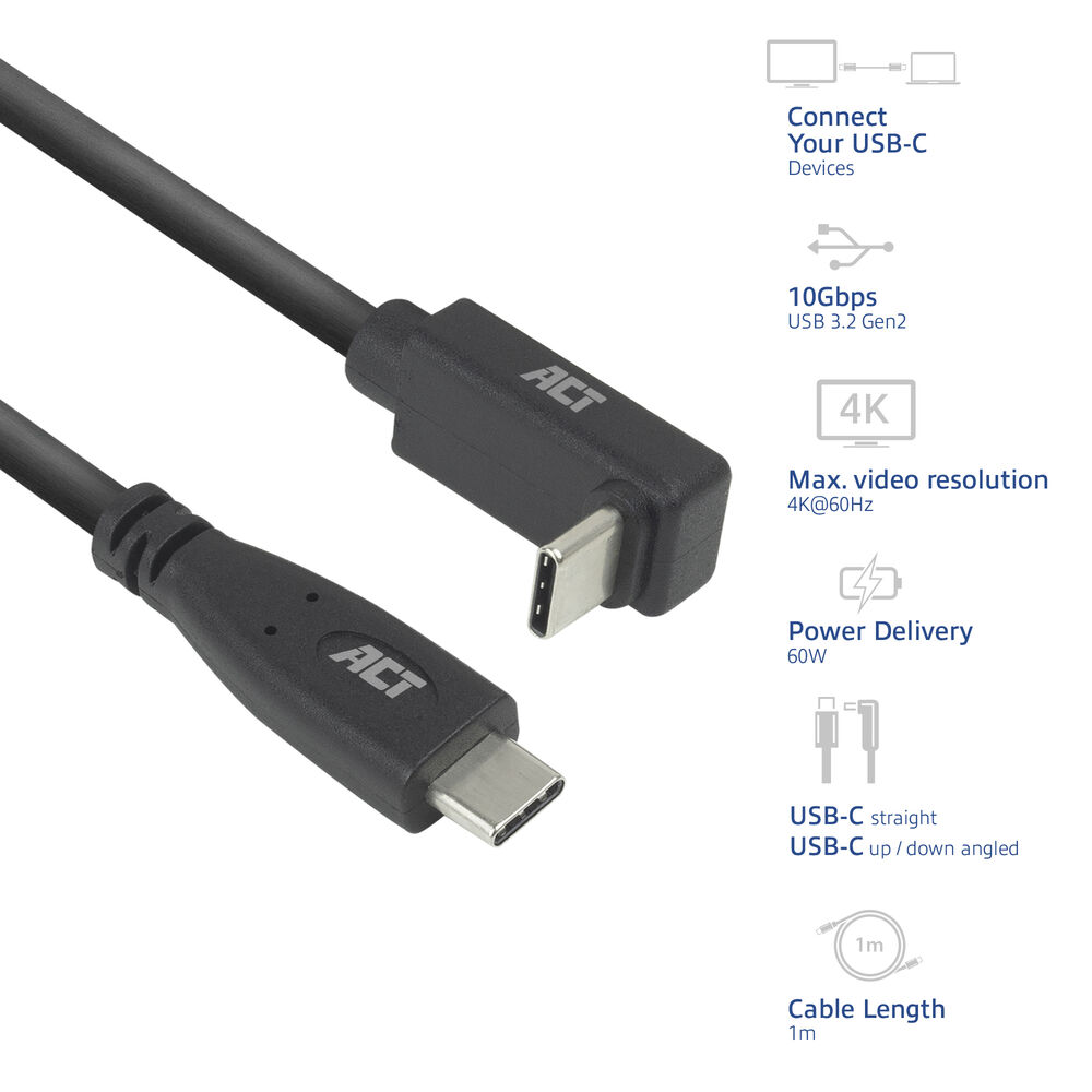 Câble USB-C noir avec logo 'ACT', connecteur coudé et spécifications pour 10 Gbit/s, résolution 4K et alimentation de 60W.