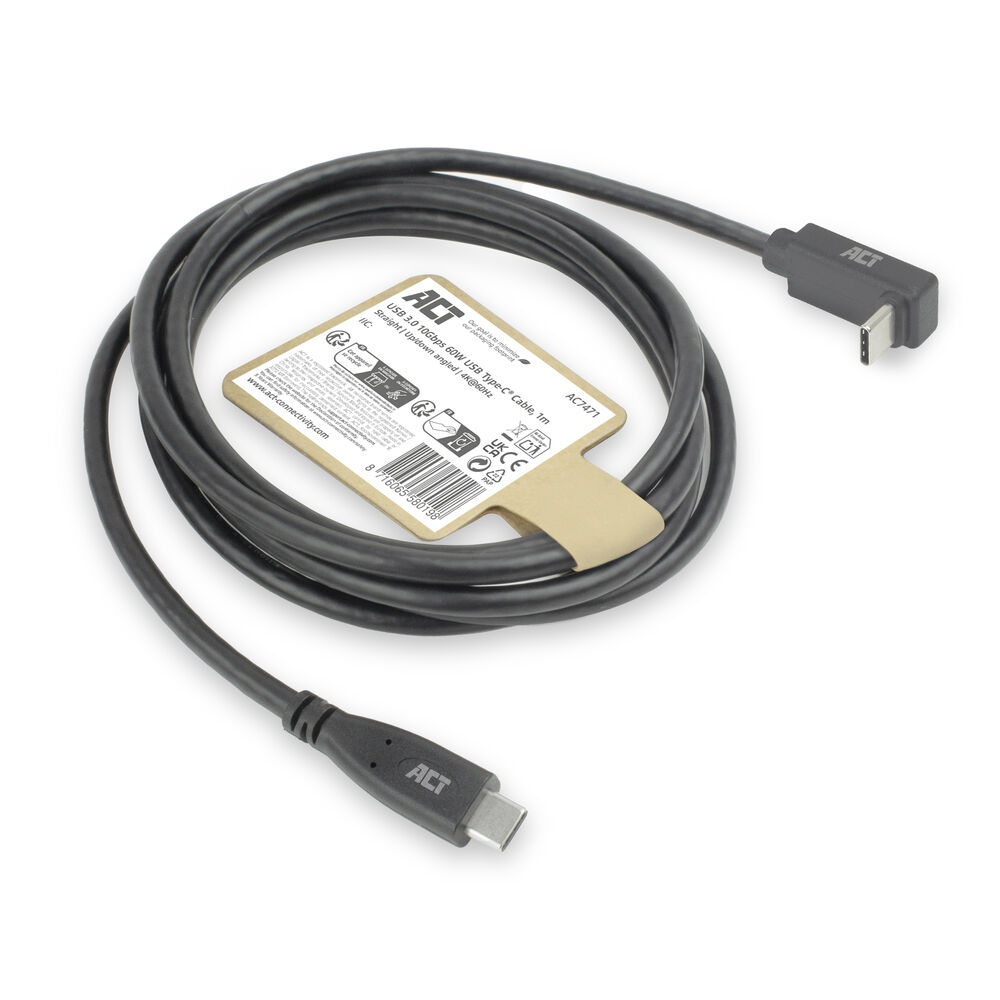 Un câble USB-C noir avec une étiquette, enroulé sur une surface blanche. Le câble a des connecteurs aux deux extrémités.