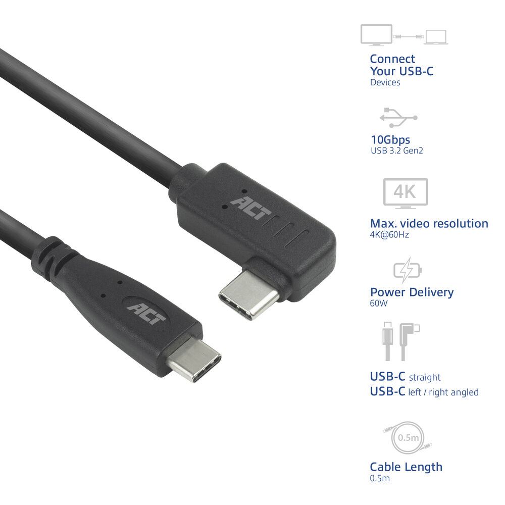 Een zwarte USB-C-kabel met ACT-merk. Kenmerken zijn 4K-resolutie, 60W voeding en een kabellengte van 0,5 m.