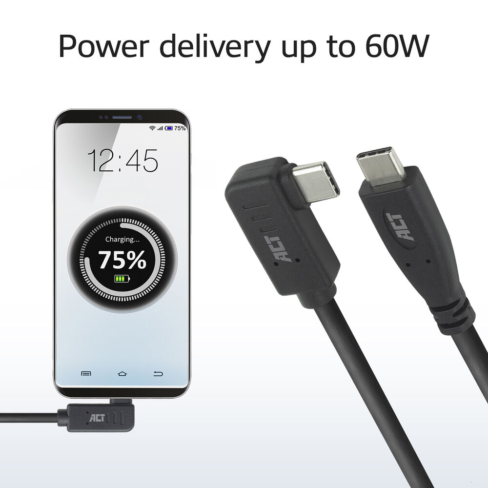 Een telefoon die oplaadt met 75% batterij. Twee zwarte USB-C-kabels liggen naast de telefoon. Tekst luidt: Stroomtoevoer tot 60W.