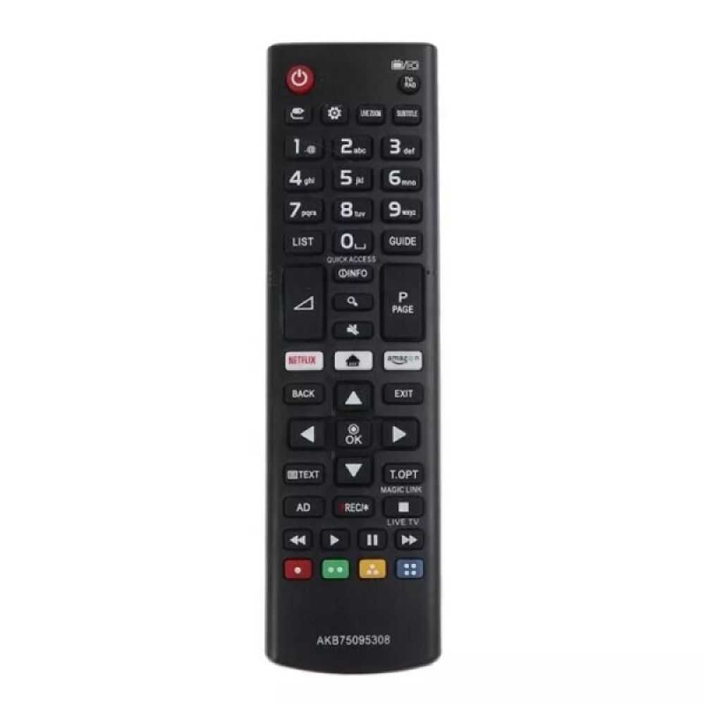 Eine schwarze LG-Fernbedienung mit vielen Tasten. Enthält Zifferntasten, Netflix, Amazon und eine Ein-/Aus-Taste.