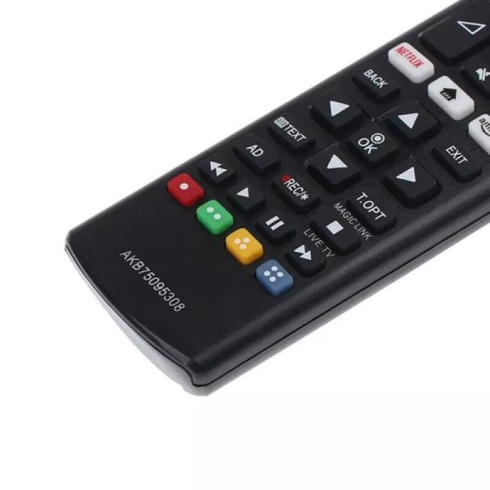Eine schwarze TV-Fernbedienung mit vielen Tasten, darunter Netflix, Zurück und Navigationstasten. Die Modellnummer ist AKB75095308.