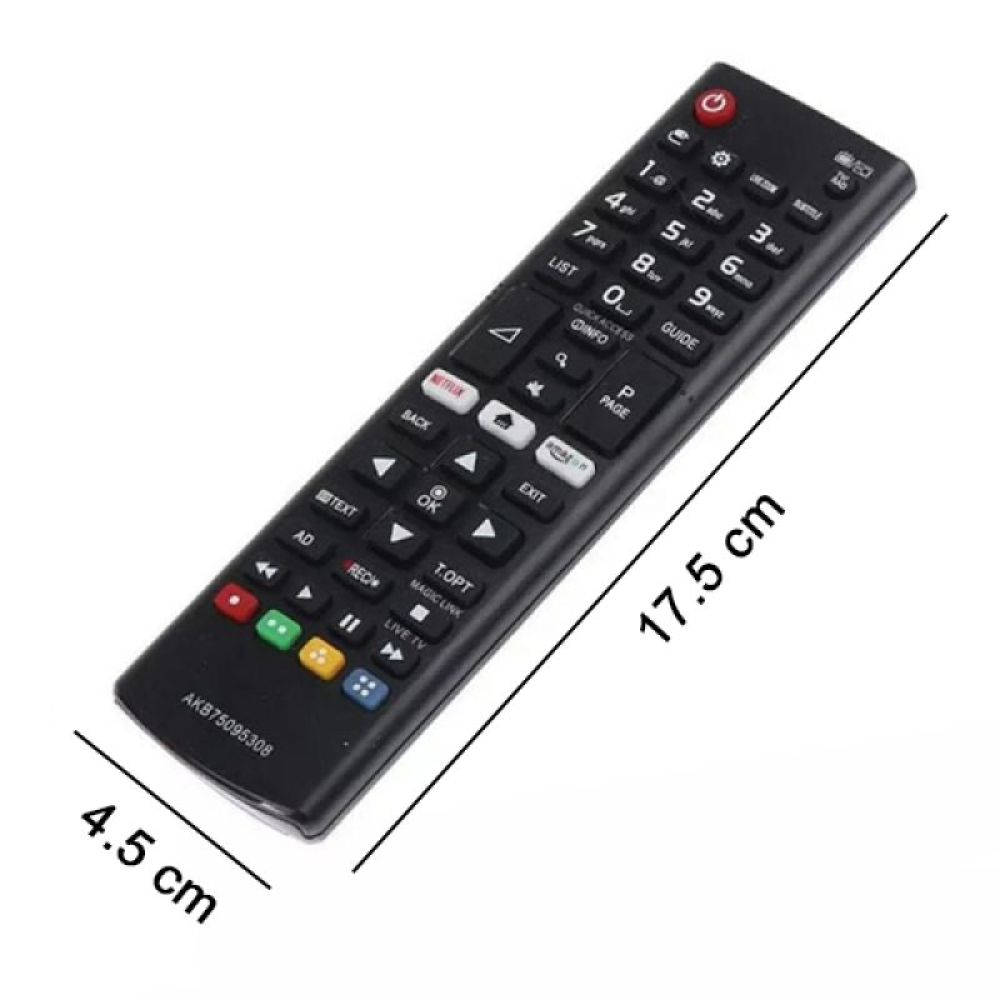 Schwarze TV-Fernbedienung mit Tasten, Zahlen und Beschriftungen. Abmessungen: 17,5 cm lang, 4,5 cm breit.