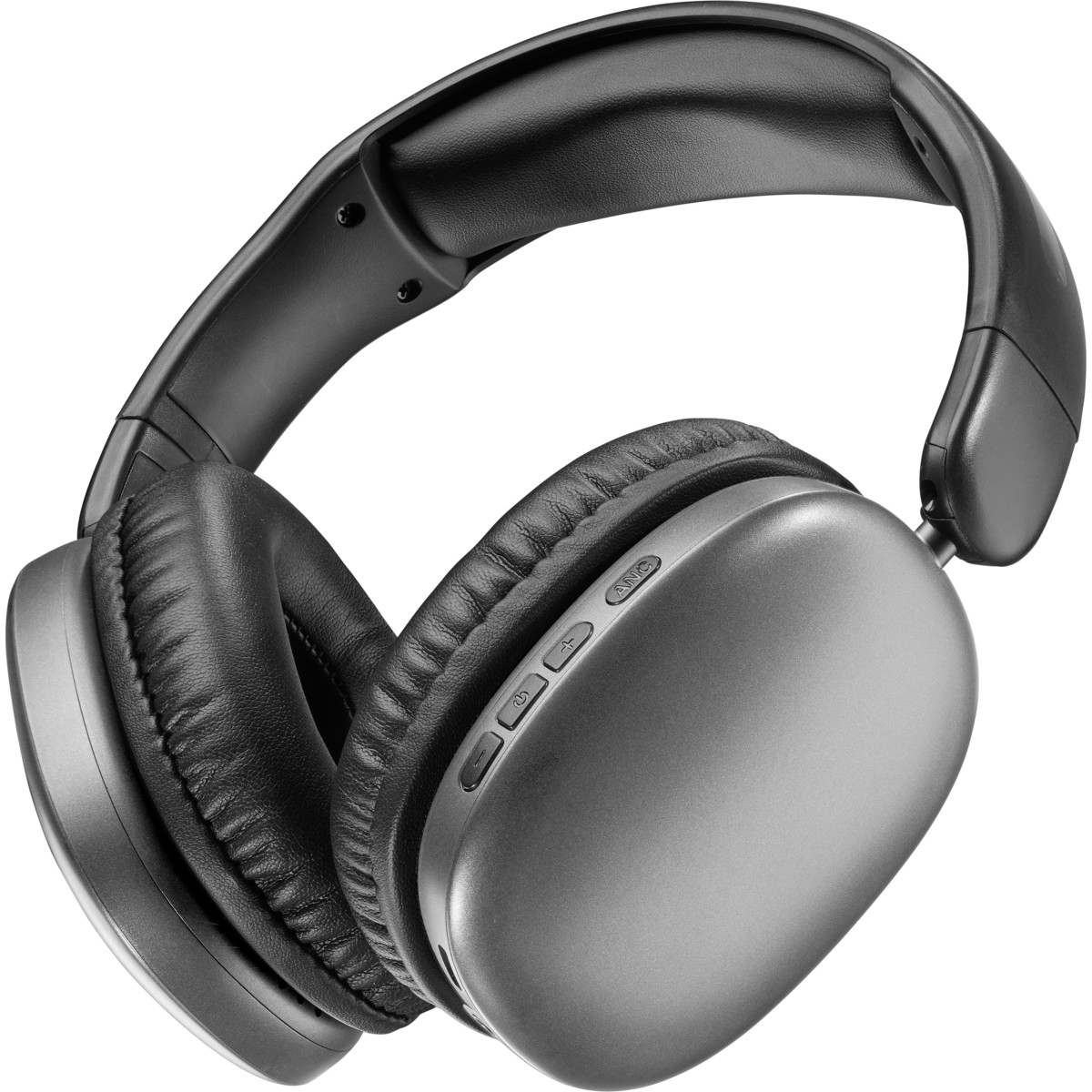 Auriculares grises y negros. Las copas son ovaladas, la diadema curva. Botones en el auricular derecho.