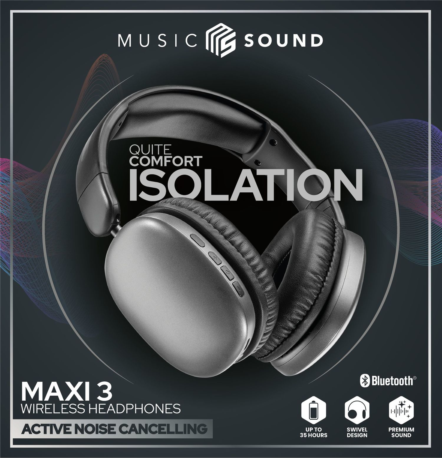 Auriculares inalámbricos negros y plateados. Texto: Music Sound, Comfort Isolation, Maxi 3. Características: Cancelación de ruido activa, Bluetooth.