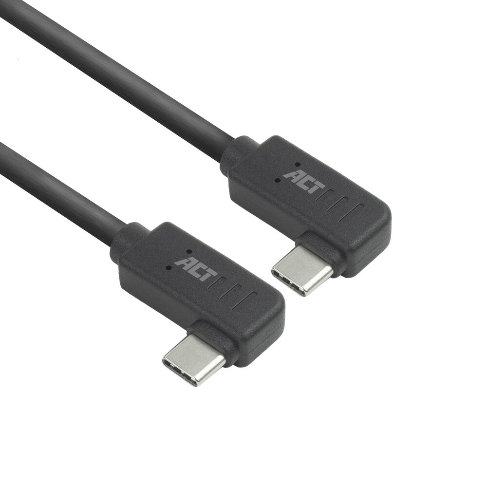 Dwa czarne kable USB-C ACT, kątowe złącza, na białym tle. Jeden kabel na pierwszym planie, drugi na drugim planie.