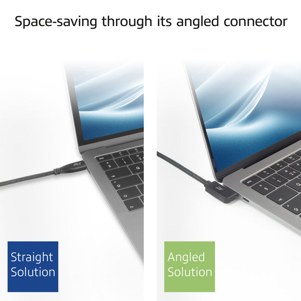 Obraz przedstawia dwa laptopy. Jeden z prostym kablem, a drugi z kablem kątowym dla oszczędności miejsca. Tekst: Oszczędność miejsca dzięki kątowemu złączu.