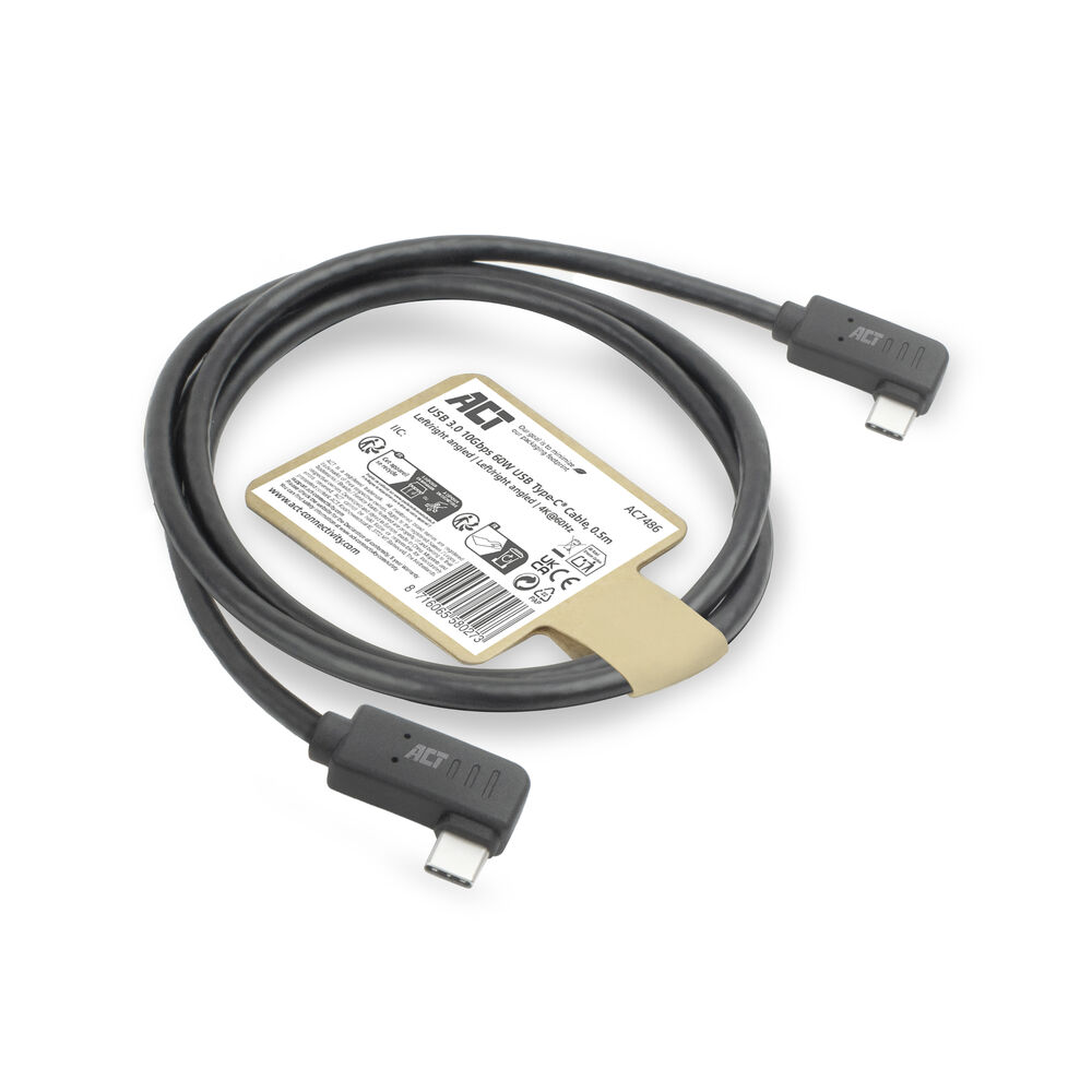 Een zwarte USB-C kabel met een label met 'ACT'. De kabel is opgerold, met connectoren aan beide uiteinden, op een witte ondergrond.