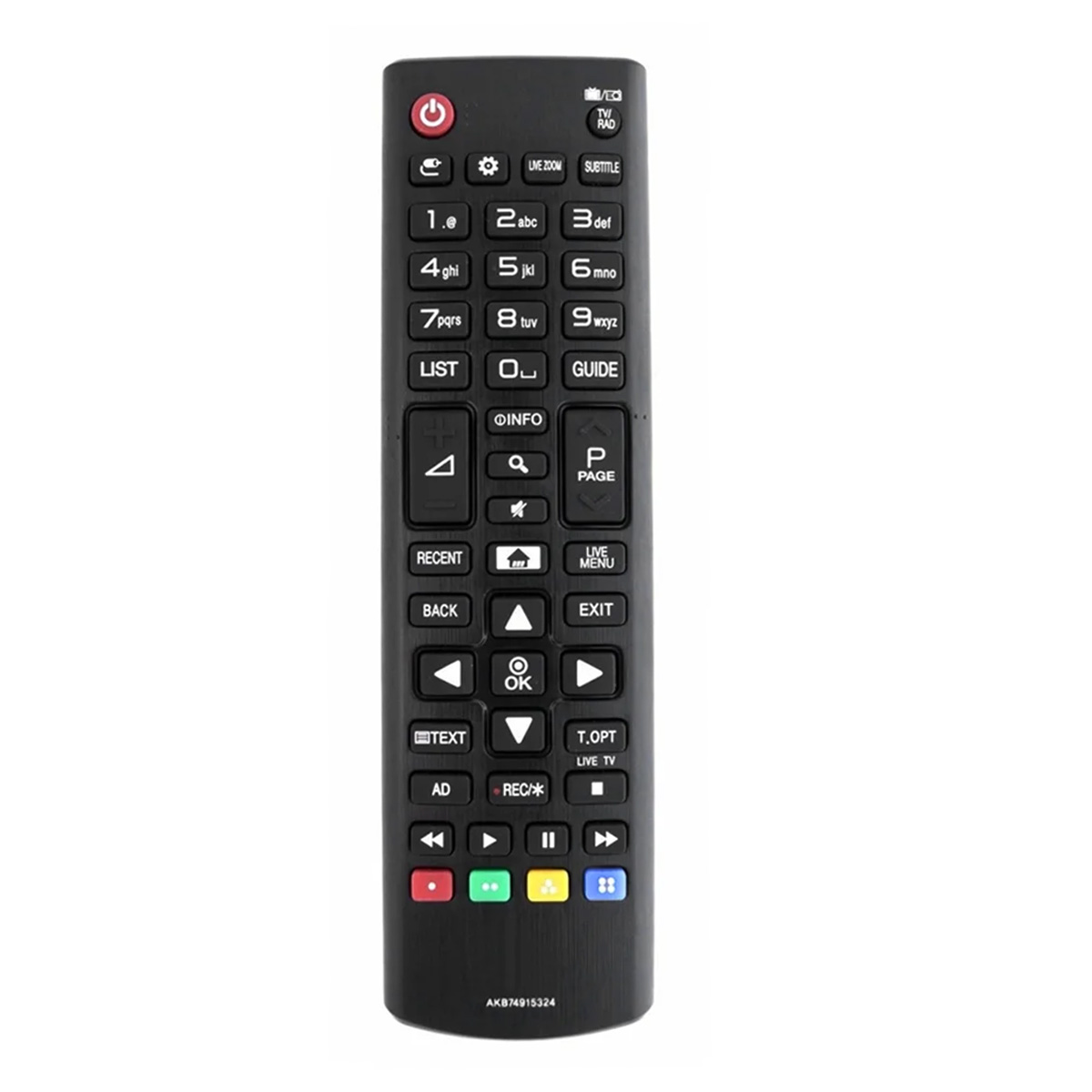 Schwarze LG-Fernbedienung mit vielen Tasten, darunter Zahlen, Richtungstasten und Ein/Aus. Die Fernbedienung befindet sich auf weißem Hintergrund.