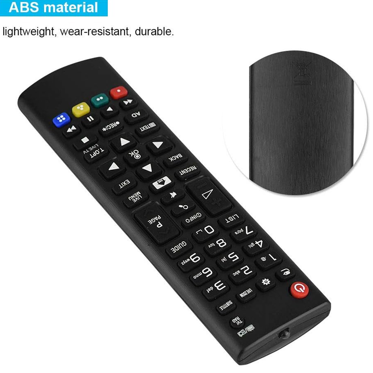 Eine schwarze TV-Fernbedienung mit vielen Tasten und einer roten Ein-/Aus-Taste. Eine Nahaufnahme zeigt die Textur des Kunststoffs.