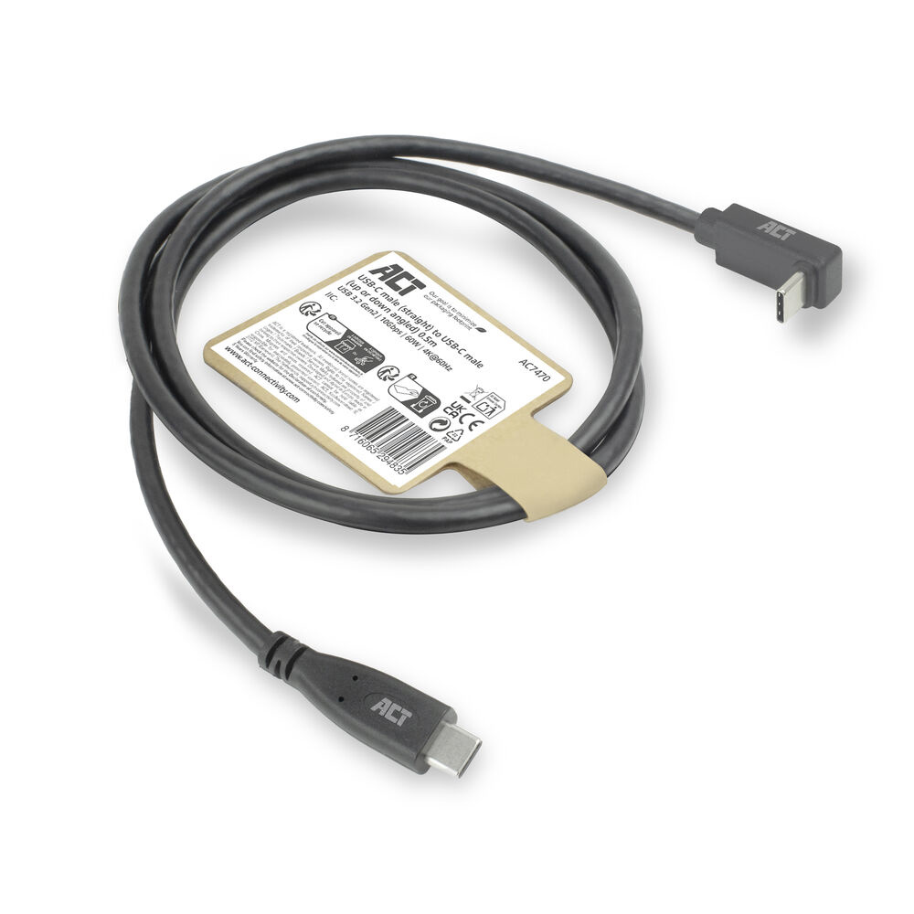 Un câble USB-C noir avec la marque ACT et une étiquette de produit. Le câble est enroulé, et les connecteurs sont visibles.