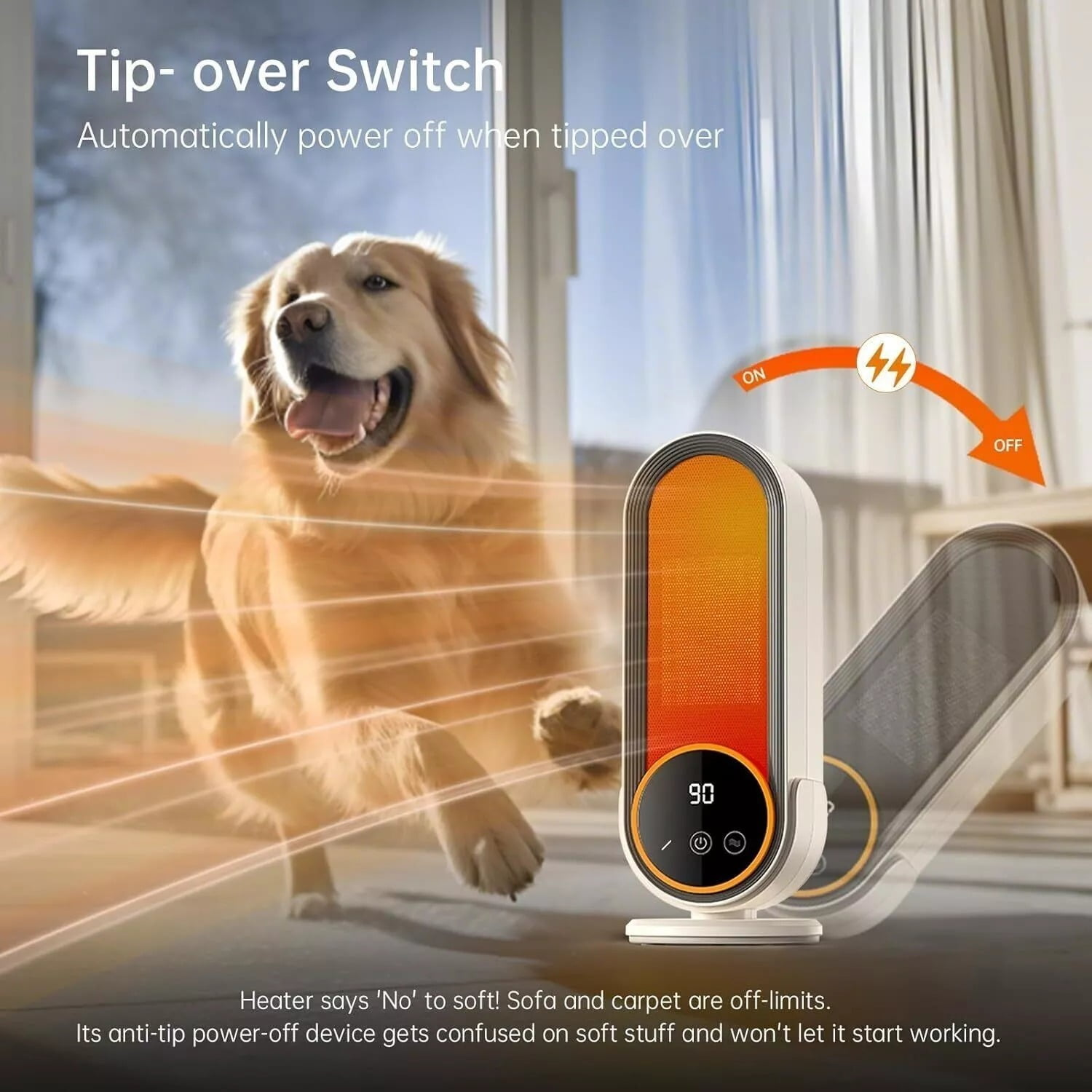 Ein Golden Retriever neben einem Heizgerät. Das Heizgerät hat ein orange-weißes Design und zeigt die Zahl 90 an. Text weist auf einen Kippschalter hin.