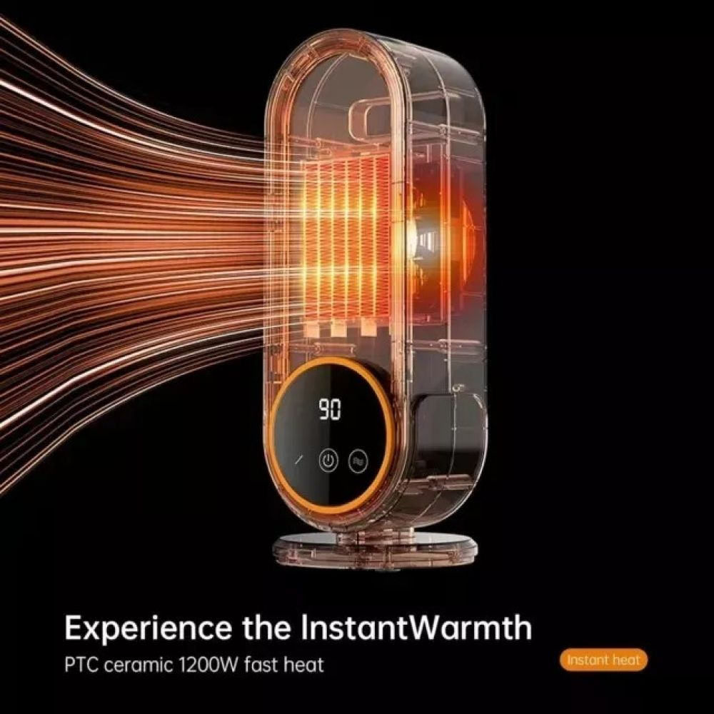 Ein transparenter Elektroheizer mit digitaler Anzeige 90. Warme Luft strömt heraus. Text: 'Erleben Sie die InstantWarmth'.