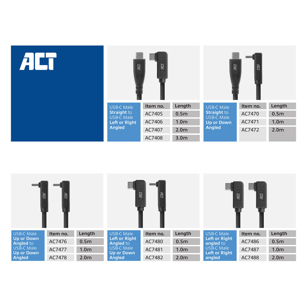 Das Bild zeigt ACT USB-C-Kabel mit verschiedenen Winkeln und Längen sowie Artikelnummern und Längen in Tabellenform.