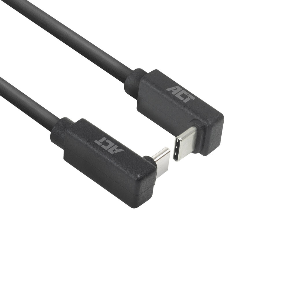 Czarny kabel USB-C ACT z dwoma złączami, jedno kątowe, na białym tle. Złącza są srebrne.