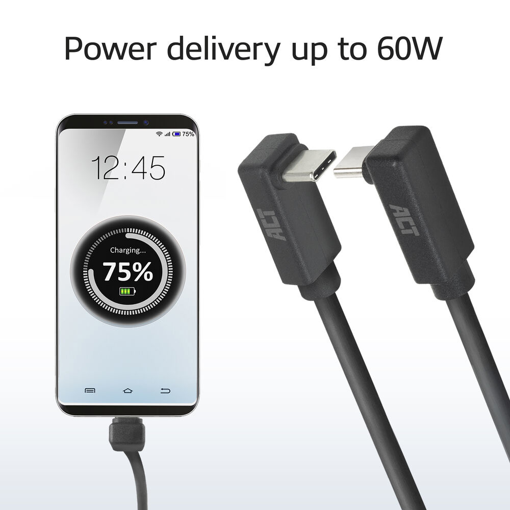 Een smartphone laadt op tot 75% met een zwarte oplaadkabel en twee zwarte oplaadconnectoren.