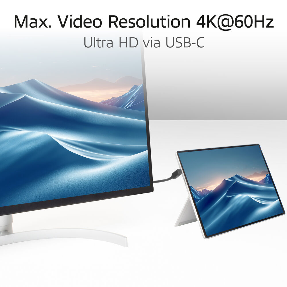 Monitor i tablet połączone przez USB-C, oba wyświetlają krajobraz z niebieskimi wydmami. Tekst wskazuje rozdzielczość 4K.