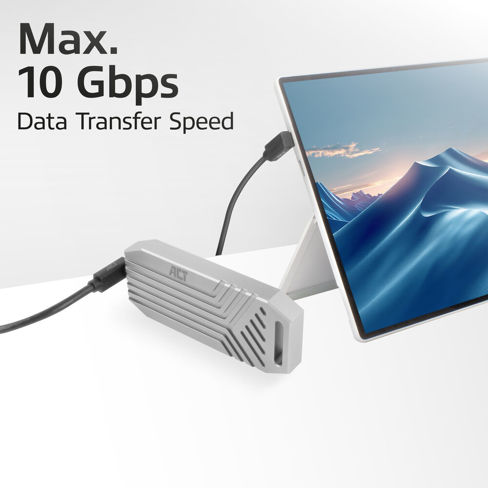 Een zilveren ACT-apparaat is via een zwarte kabel verbonden met een tablet. De tablet toont een berglandschap. Tekst: Max. 10 Gbps.