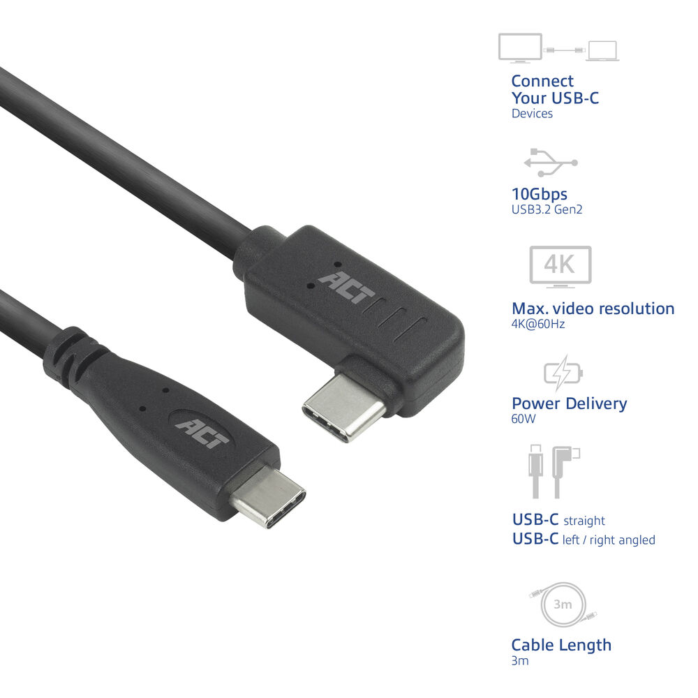 Een zwarte USB-C kabel met ACT branding. Kenmerken zijn 10 Gbps, 4K resolutie, 60W voeding en een kabellengte van 3m.