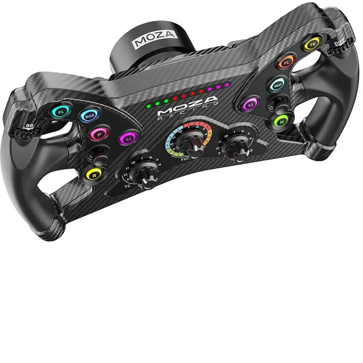 Un volant de course avec une texture en fibre de carbone. Il possède des boutons, des molettes et un écran central. La marque 'MOZA' est visible.