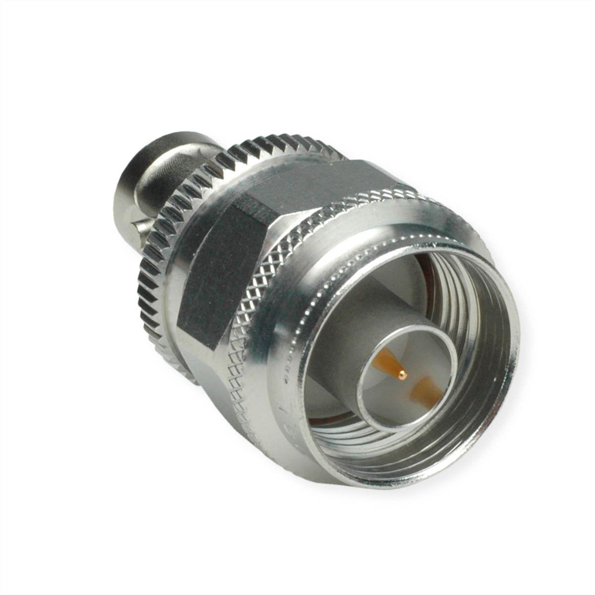 Ein metallischer Koaxialstecker mit zylindrischem Körper und zentralem Stift, isoliert auf weißem Hintergrund.