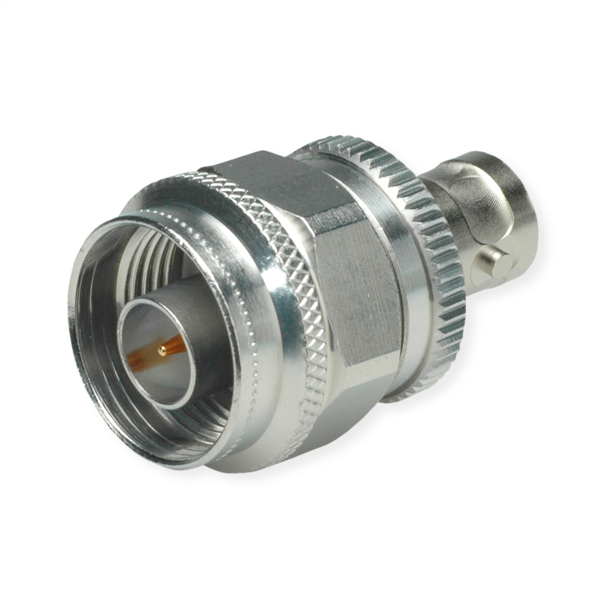Ein metallischer Koaxialstecker mit zylindrischem Körper und einem hervorstehenden Stift. Er hat ein Gewinde und einen gerändelten Ring.