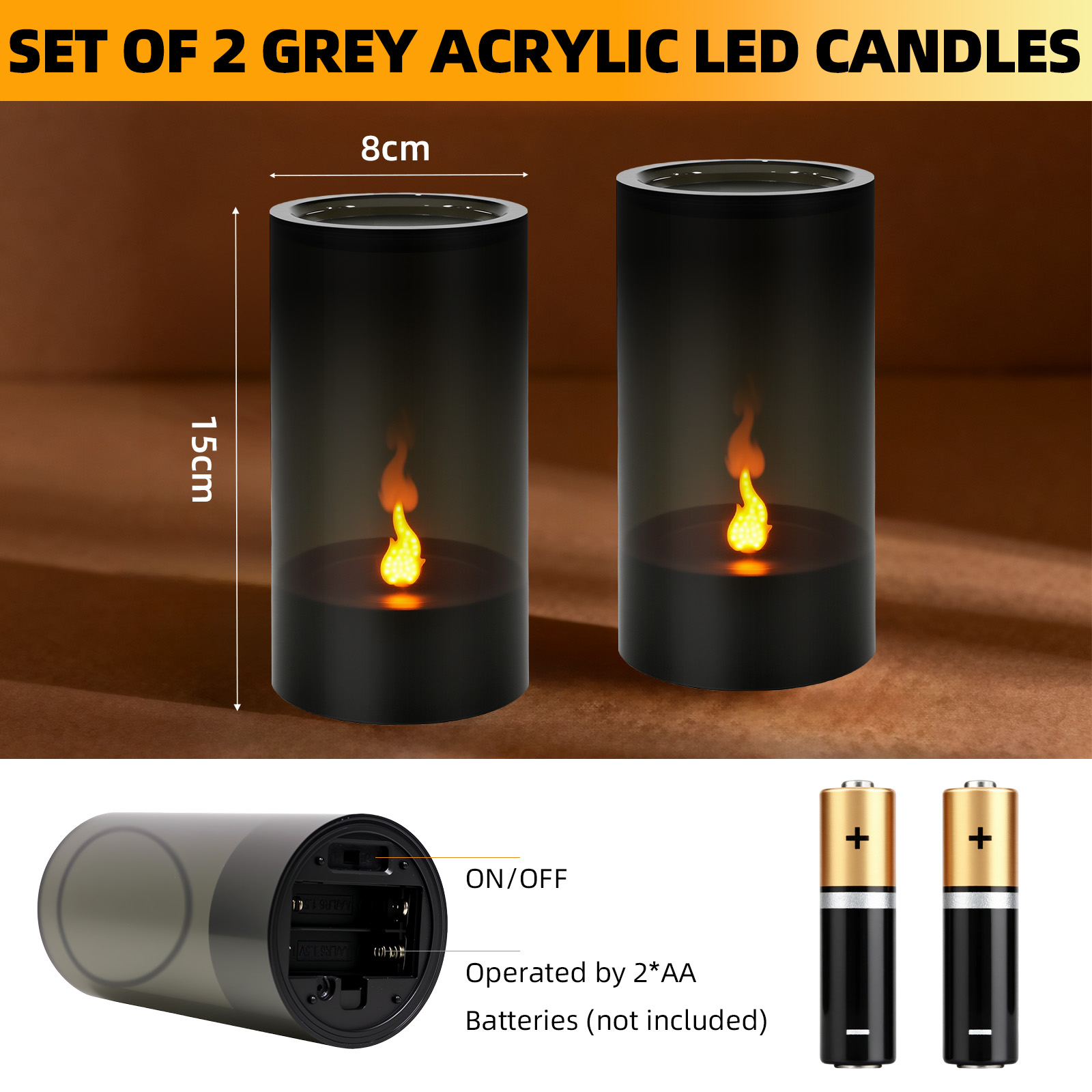 Zwei graue Acryl-LED-Kerzen mit Flammeneffekt. Jede ist 15 cm hoch und 8 cm breit. AA-Batterien werden benötigt, sind aber nicht enthalten.