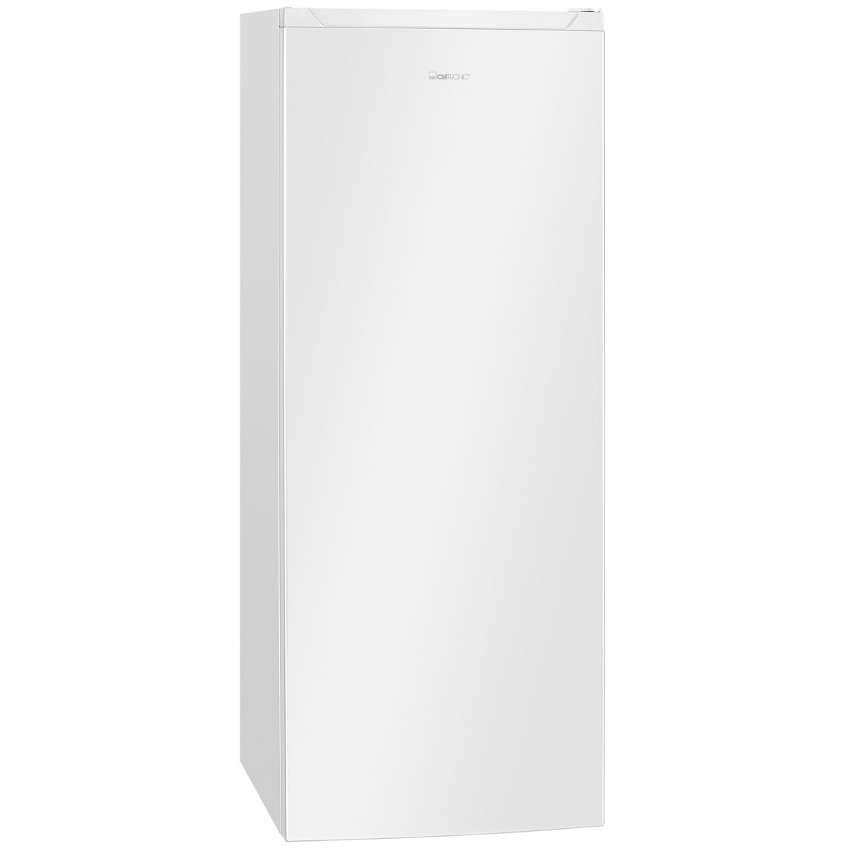Ein weißer Kühlschrank mit dem Markennamen 'Clatronic'. Der Kühlschrank ist hoch, mit schlichtem, modernem Design, vor weißem Hintergrund.
