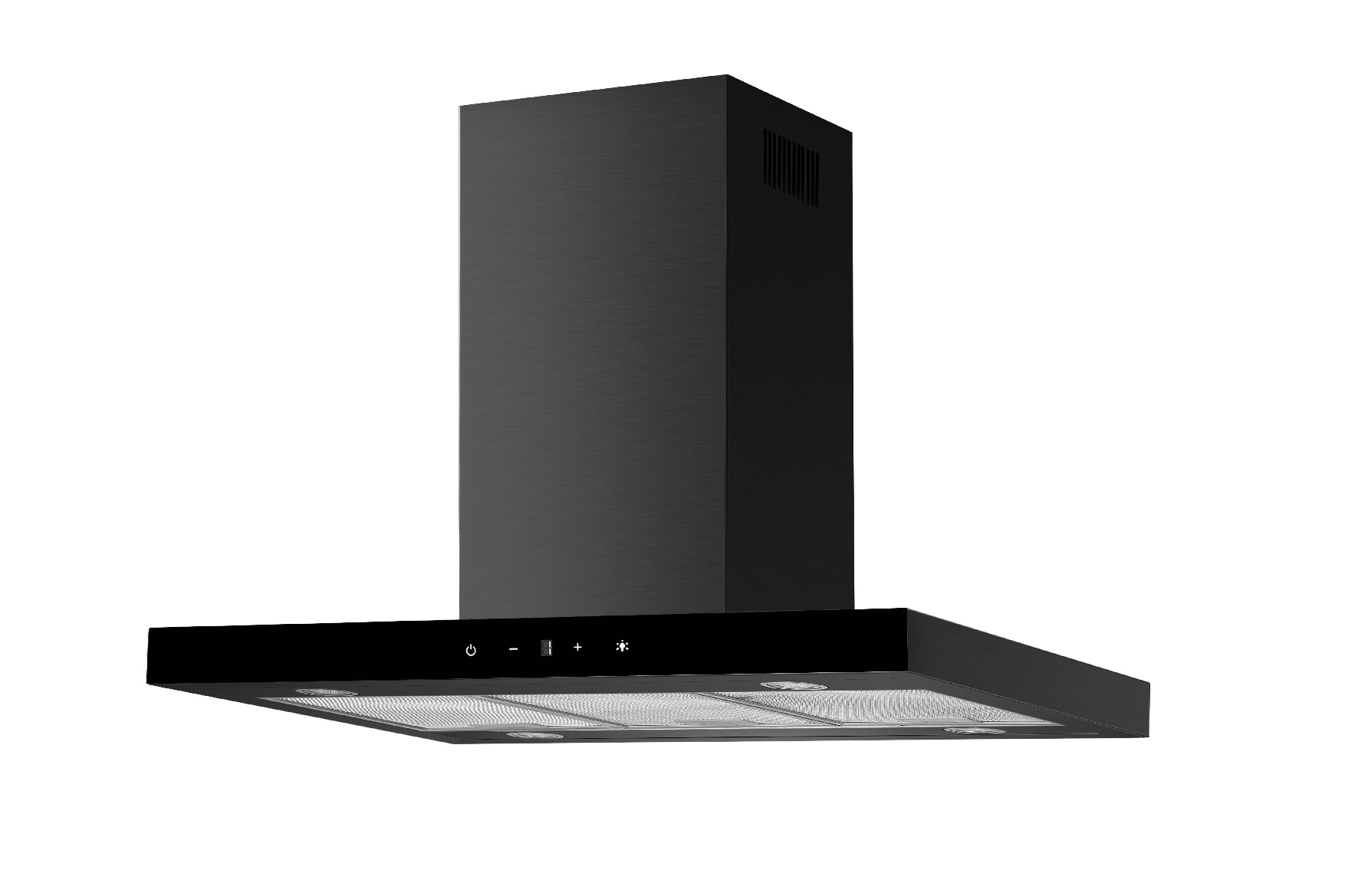 Eine schwarze Dunstabzugshaube vor weißem Hintergrund. Es hat ein rechteckiges Design mit Steuertasten unten.
