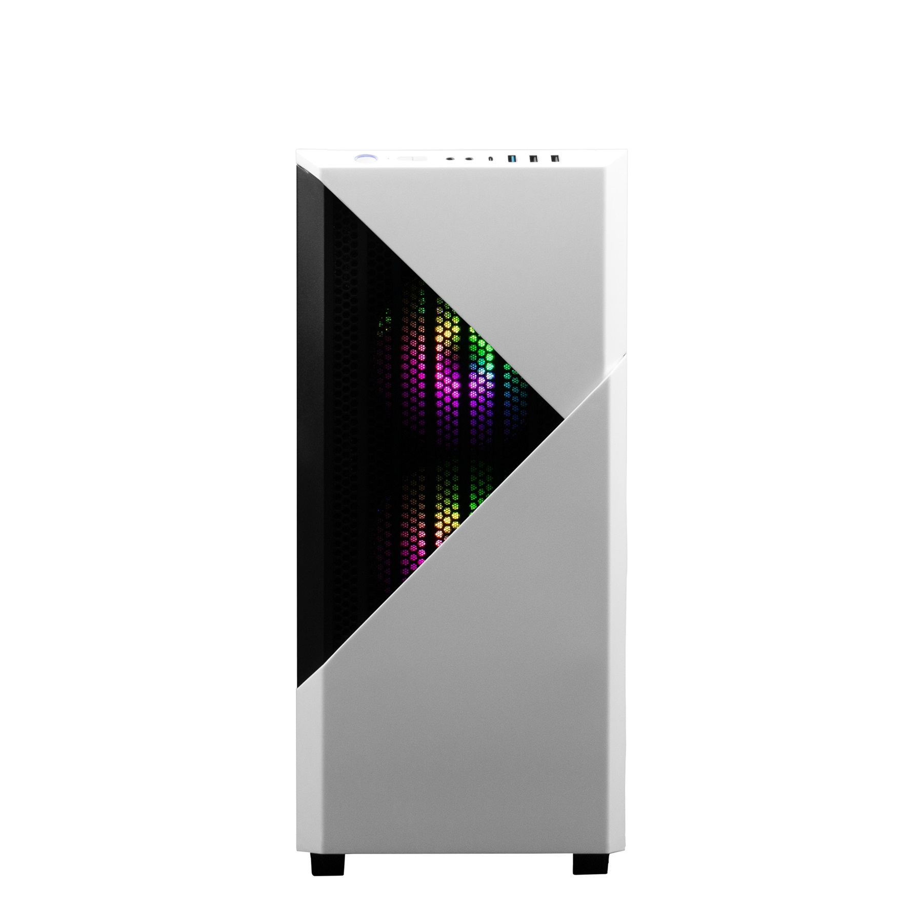 Ein weißes Computergehäuse mit diagonalem Design. Die Front hat eine Gitterplatte mit bunten LED-Lichtern.
