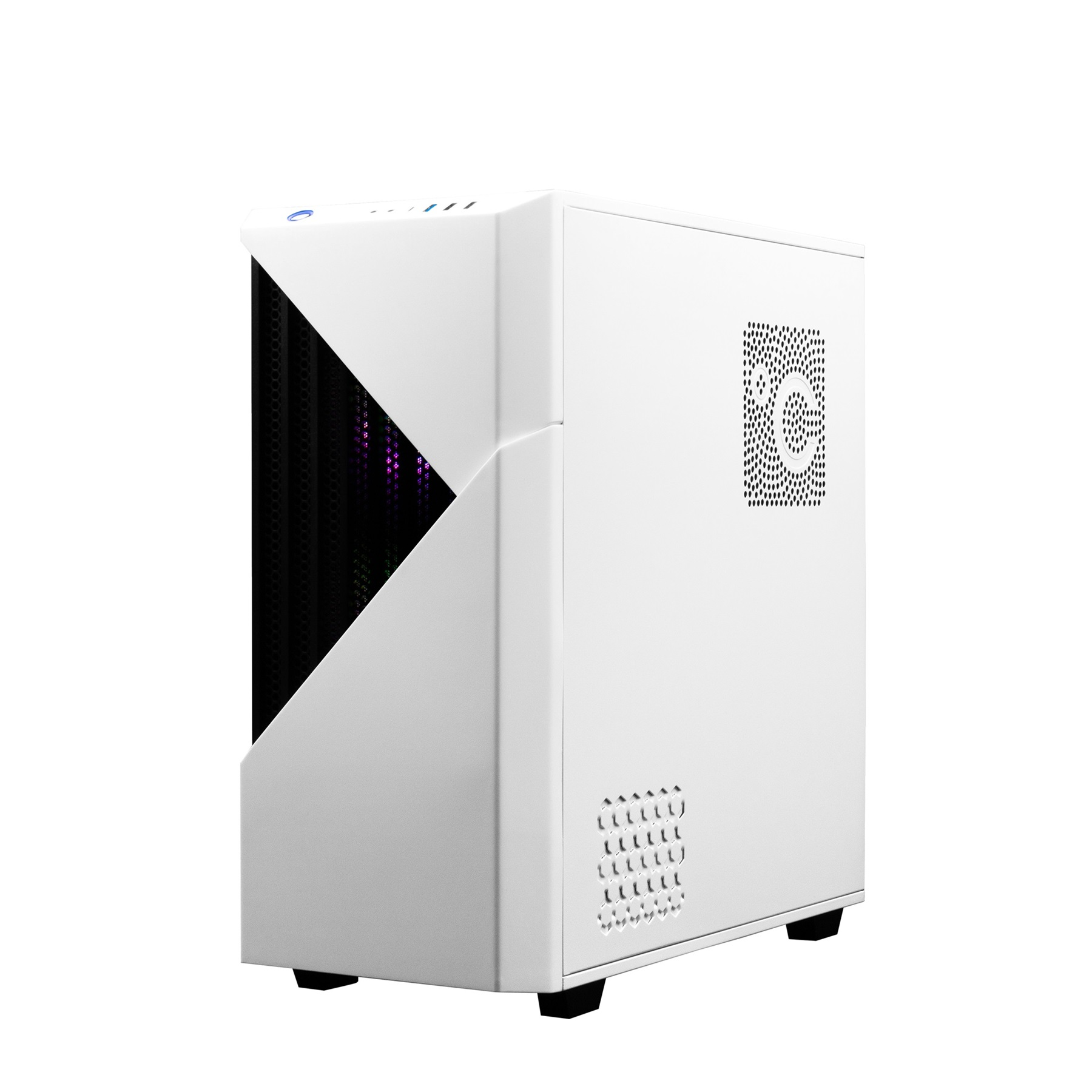 Ein weißes Computergehäuse mit schwarzer Mesh-Front. Es hat eine perforierte Seitenwand und einige Lichter im Inneren.