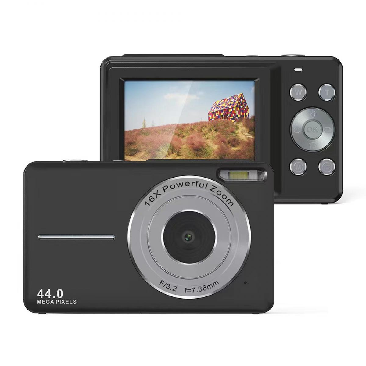 Zwei schwarze Digitalkameras. Eine zeigt ein Bild eines bunten Hauses auf einem Hügel. Eine hat 44,0 Megapixel.