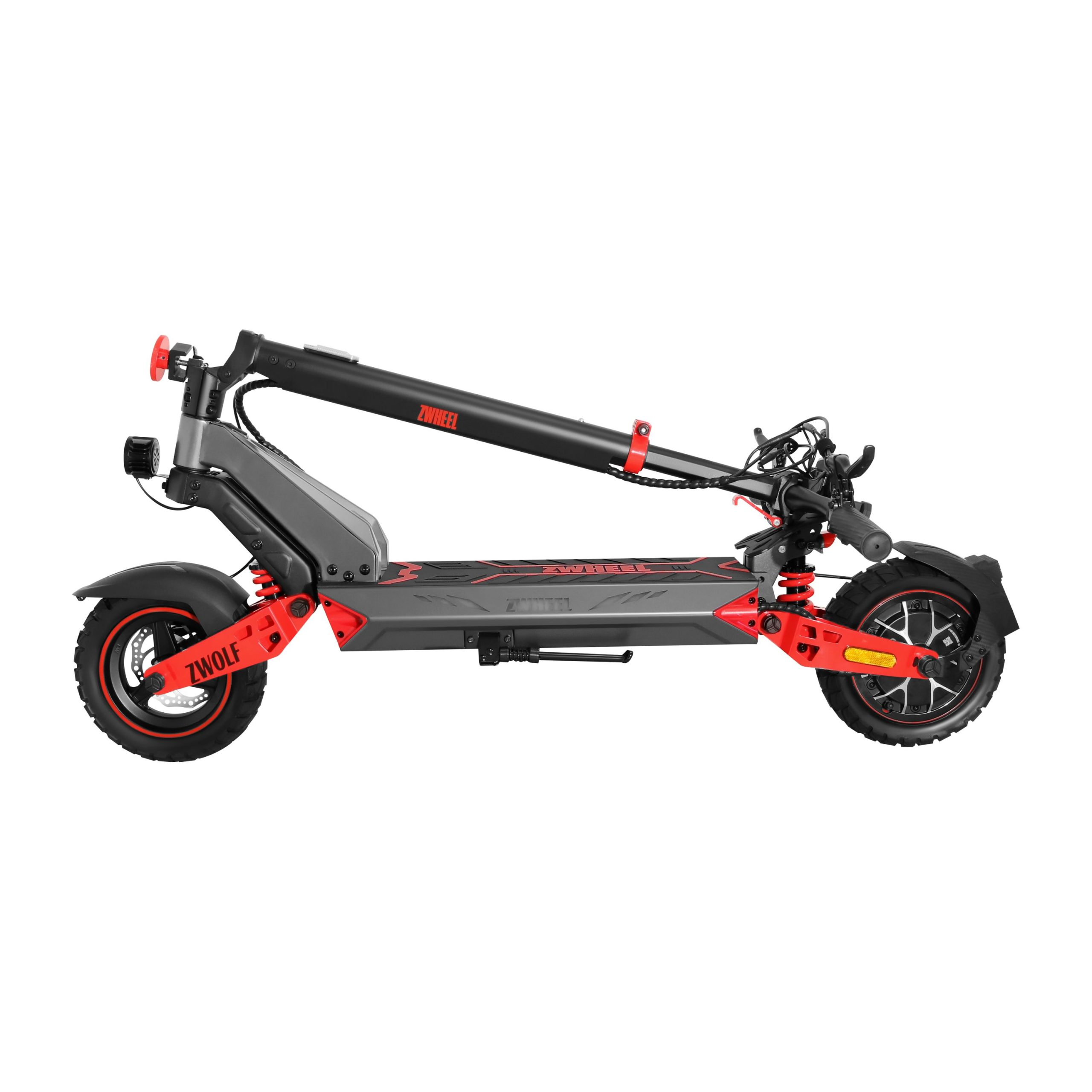 Un scooter eléctrico sobre fondo blanco. Cuerpo negro y gris con detalles rojos. El logotipo de ZWOLF es visible.
