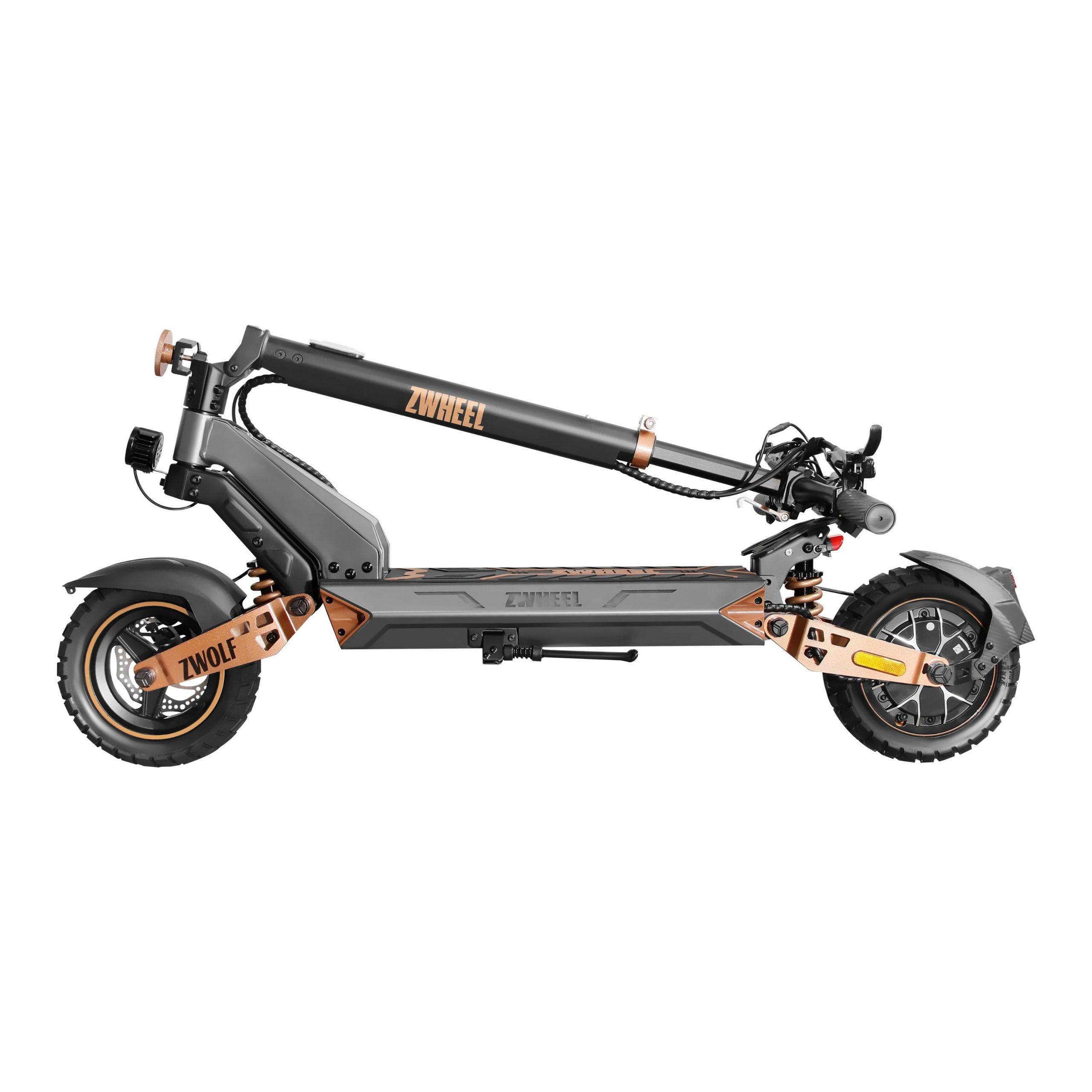 Un patinete eléctrico con detalles grises y dorados, neumáticos negros y la marca ZWHEEL visible.