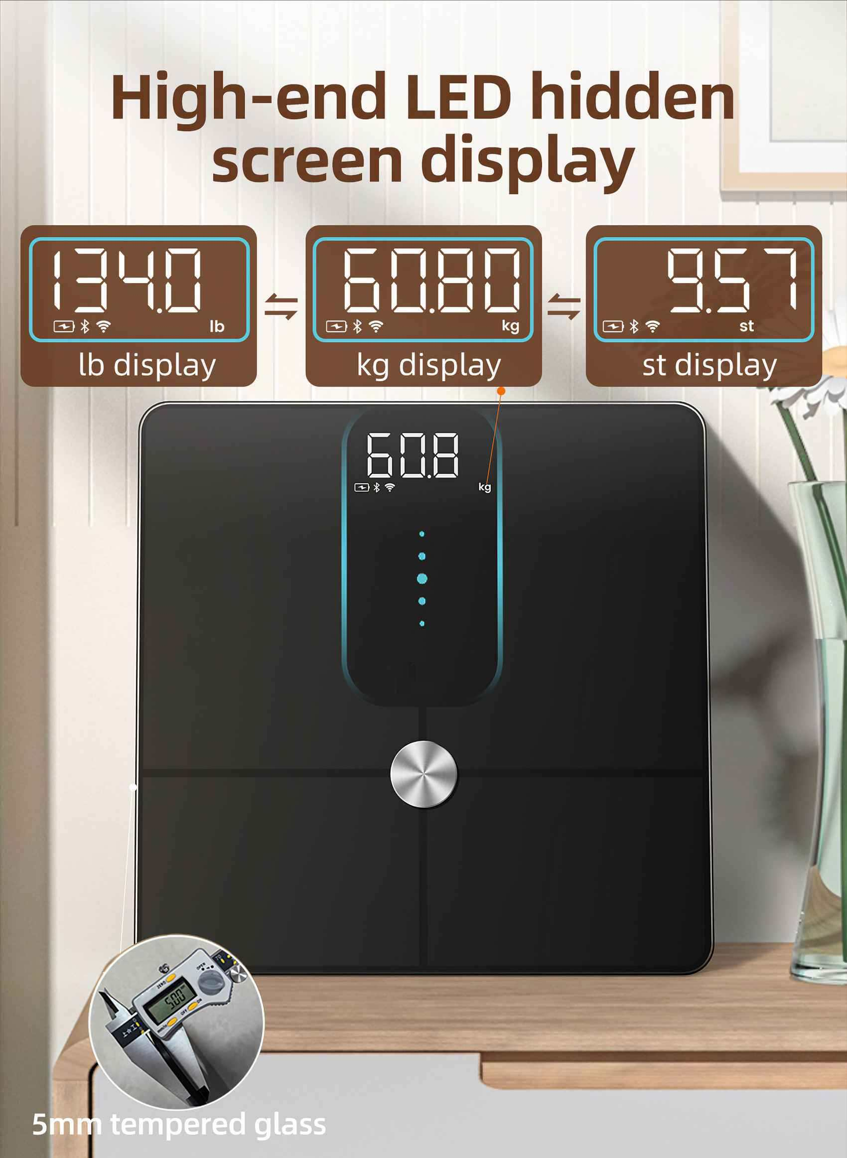 Eine digitale Waage zeigt das Gewicht in Pfund, kg und st an. Ein Digitaldisplay zeigt das Gewicht an.
